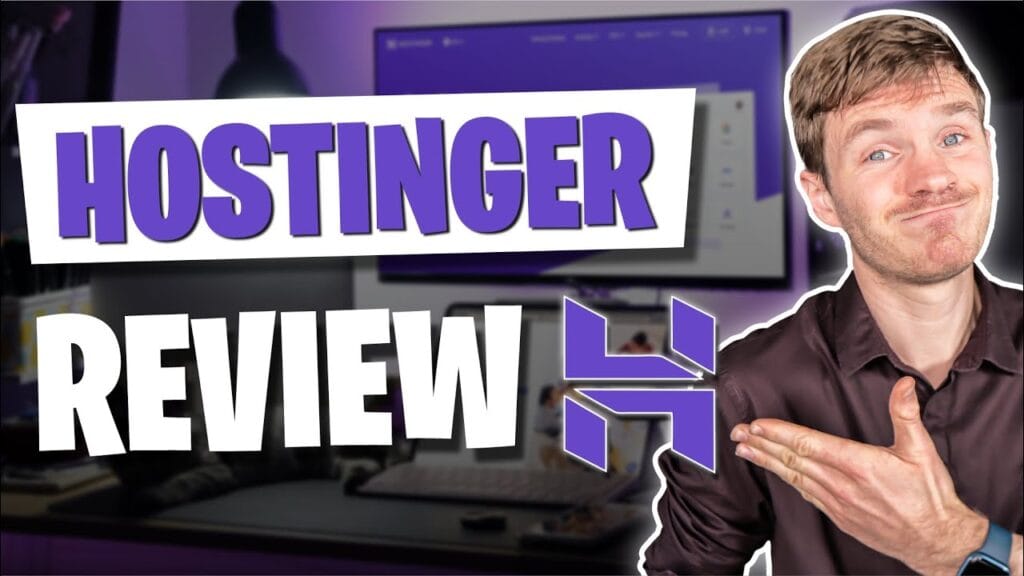 Hostinger review with smiling person and logo.