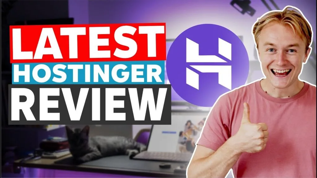 Hostinger review with smiling person and logo