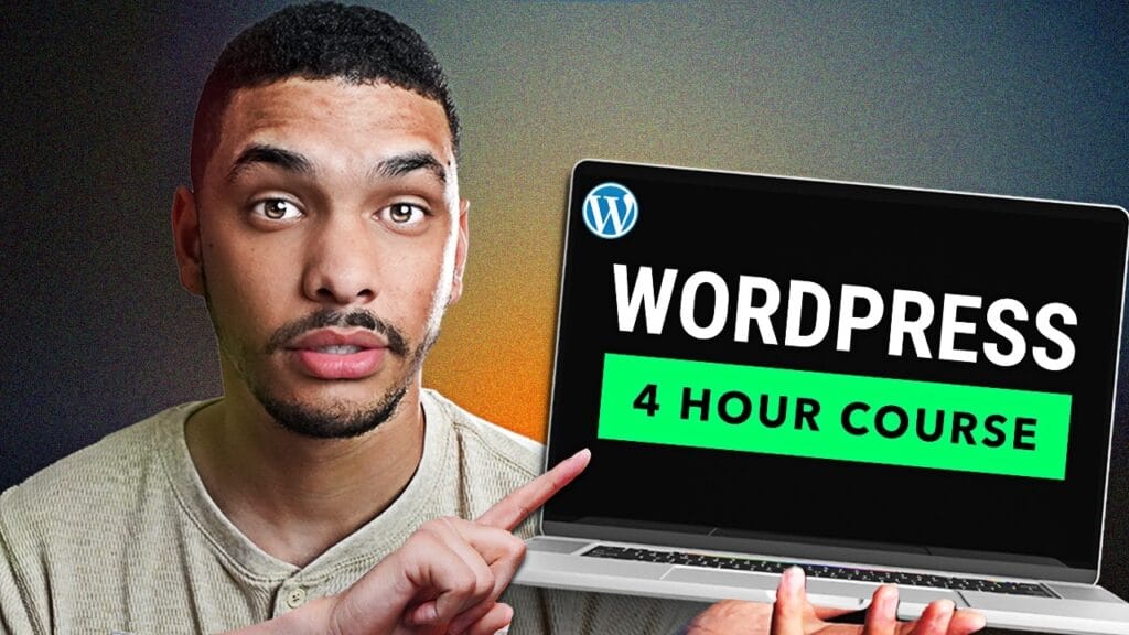 Man pointing at WordPress 4-hour course on laptop