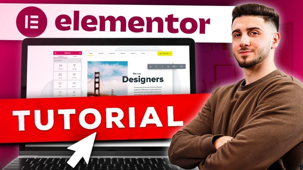 Elementor tutorial on laptop screen with person pointing.