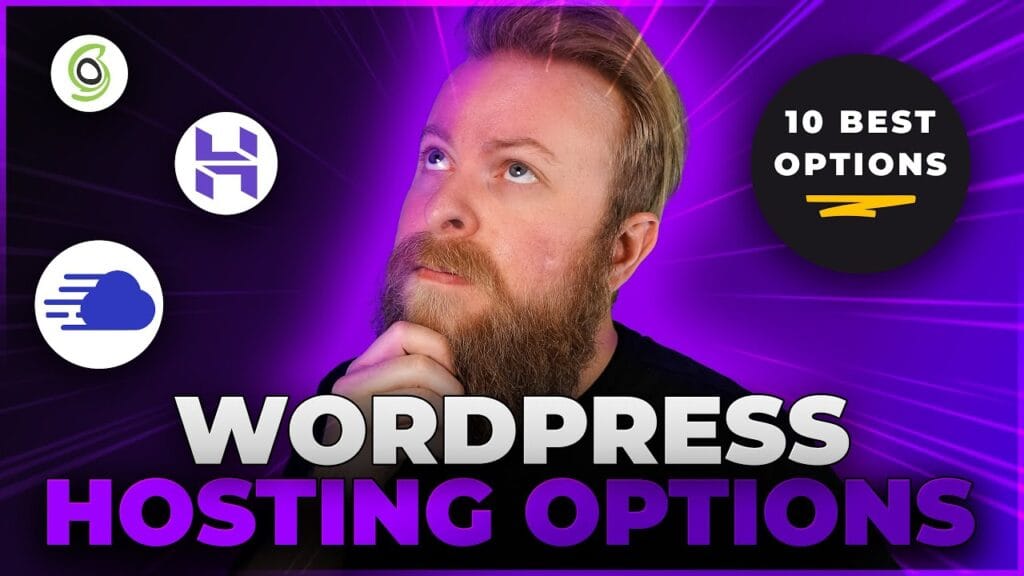 WordPress hosting options with icons and person thinking.