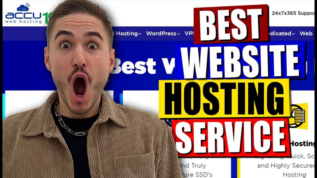 Excited man promotes top website hosting service.